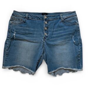 Sky Plus Stylish Blue Denim Jean Shorts women’s 3X distressed Button Fly Hemless